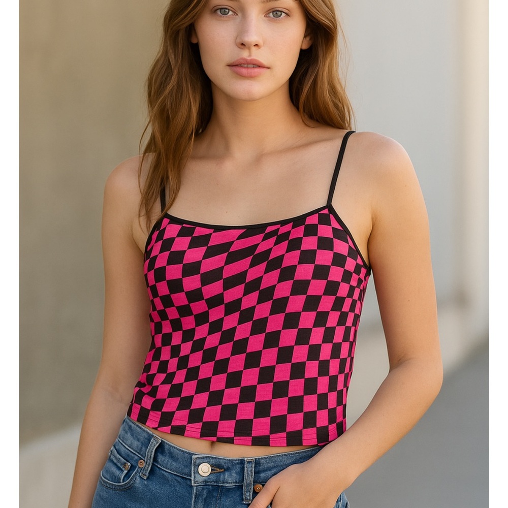 Chic Nation Pink and Black Checkered Tank Top